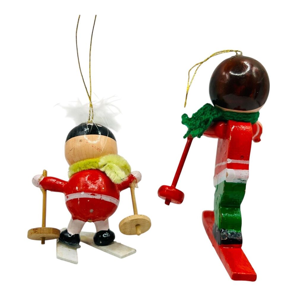 Pair VTG Skier Wood Christmas Ornaments Toy Soldier Skii Snow Cabin Set READ - Picture 4 of 11